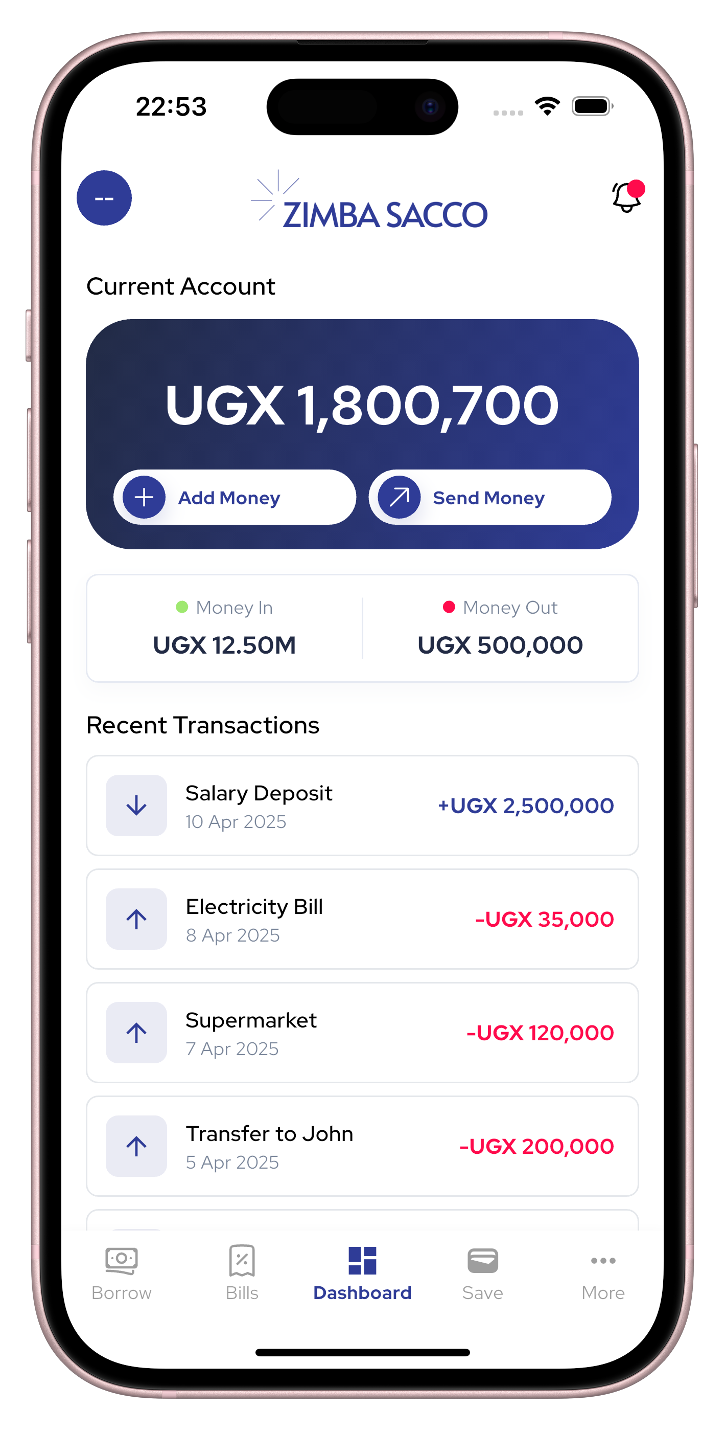 Zimba Mobile Banking App Interface - Digital Neobank Uganda